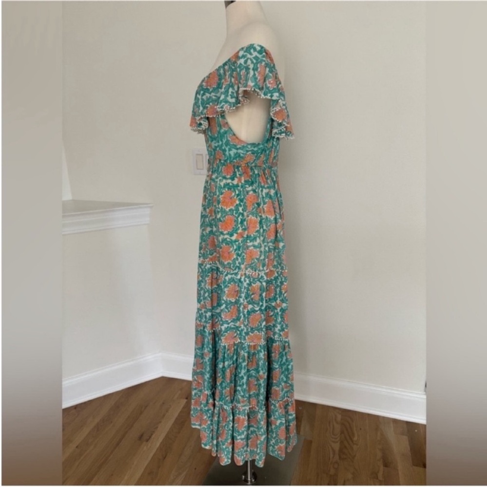 Miss June Boho Maxi Dress Floral Tiered Off Shoulder Teal Green Coral One Size - Picture 11 of 16